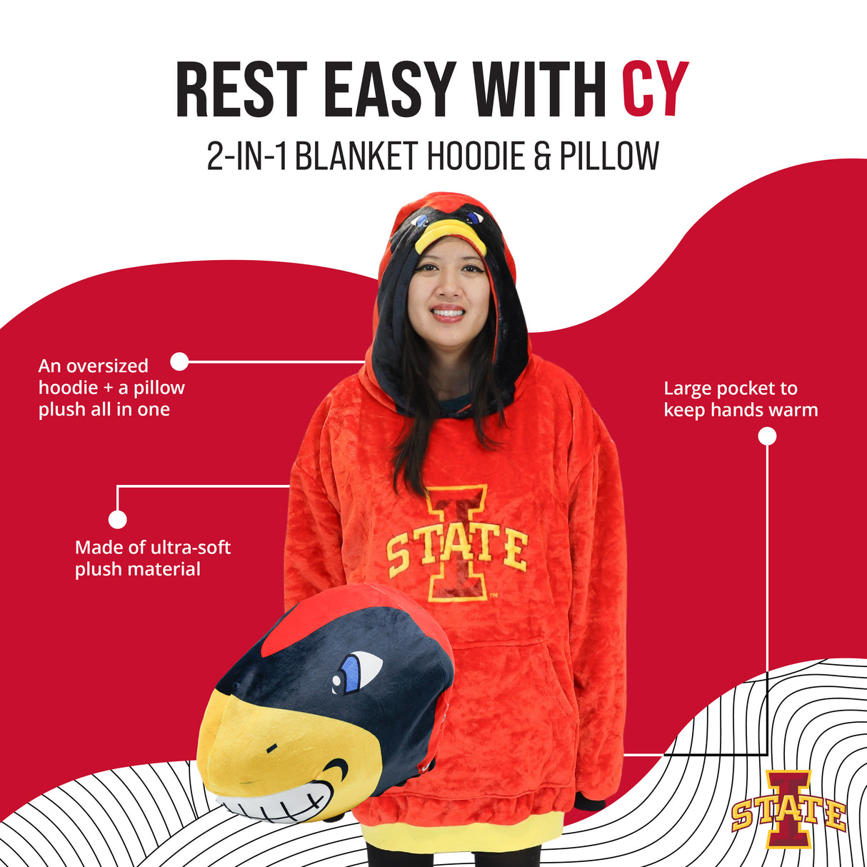 Iowa State University Cy the Cardinal Snugible | Blanket Hoodie & Pillow