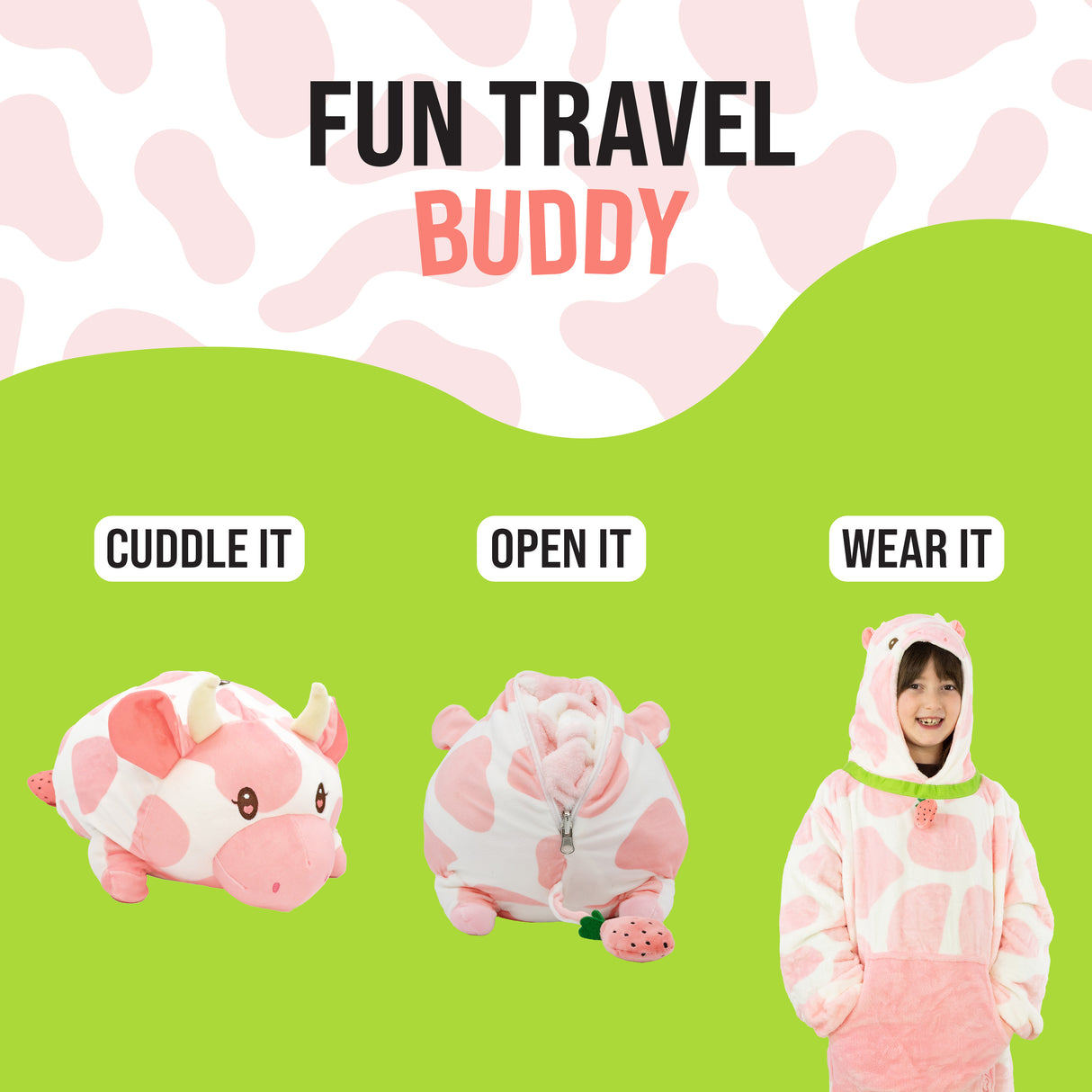 Strawberry Cow Kids Snugible 2-in-1 Blanket Hoodie & Pillow