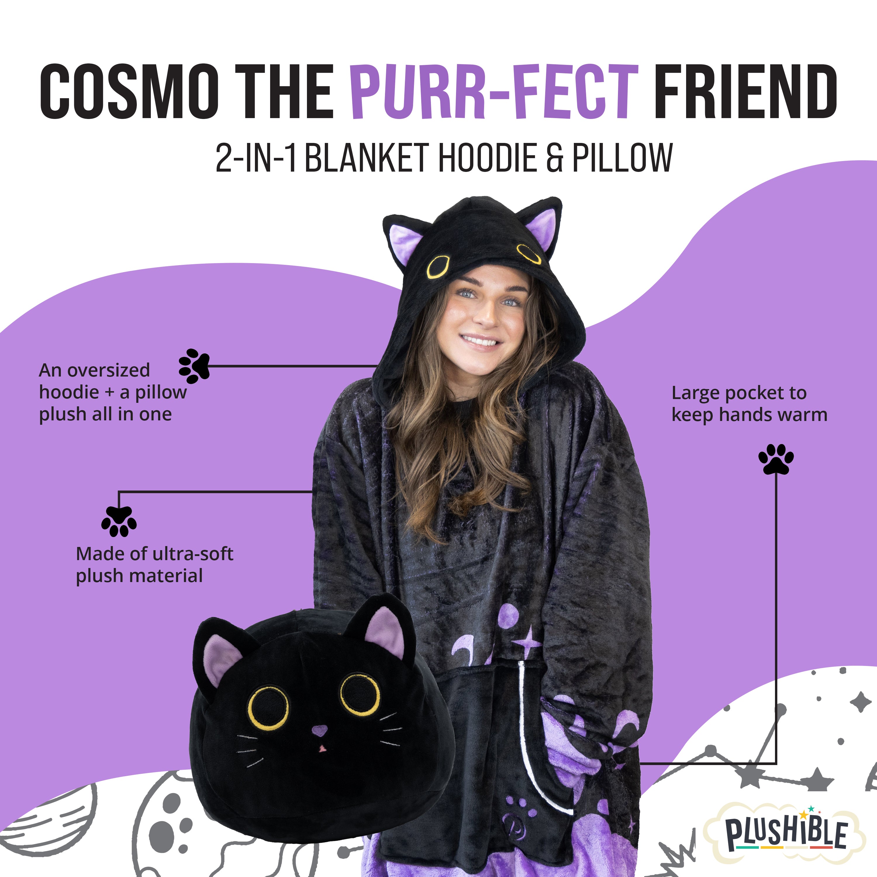Cosmo the Black Cat Snugible 2-in-1 Blanket Hoodie & Pillow