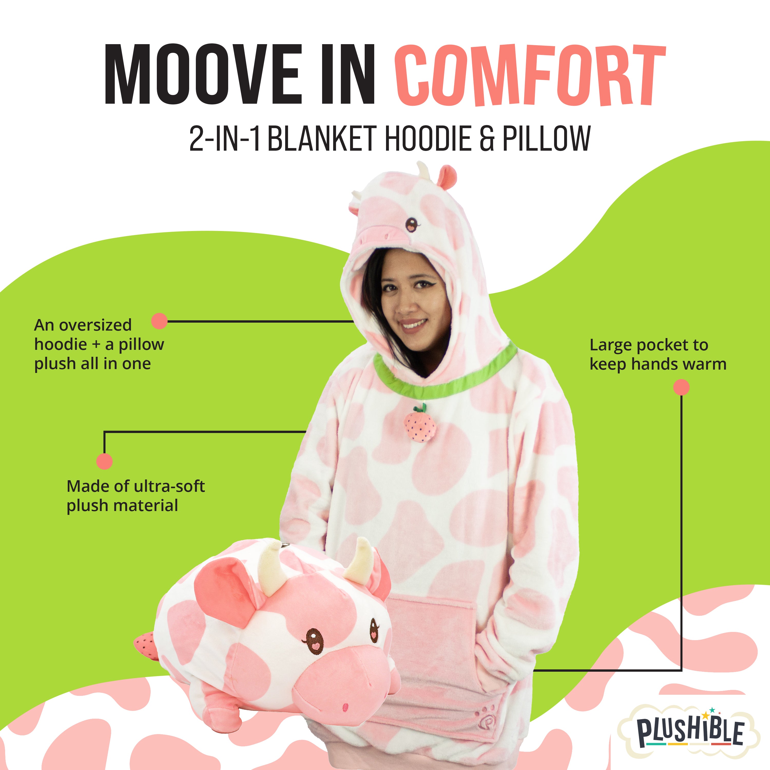 Strawberry Cow Snugible 2-in-1 Blanket Hoodie & Pillow