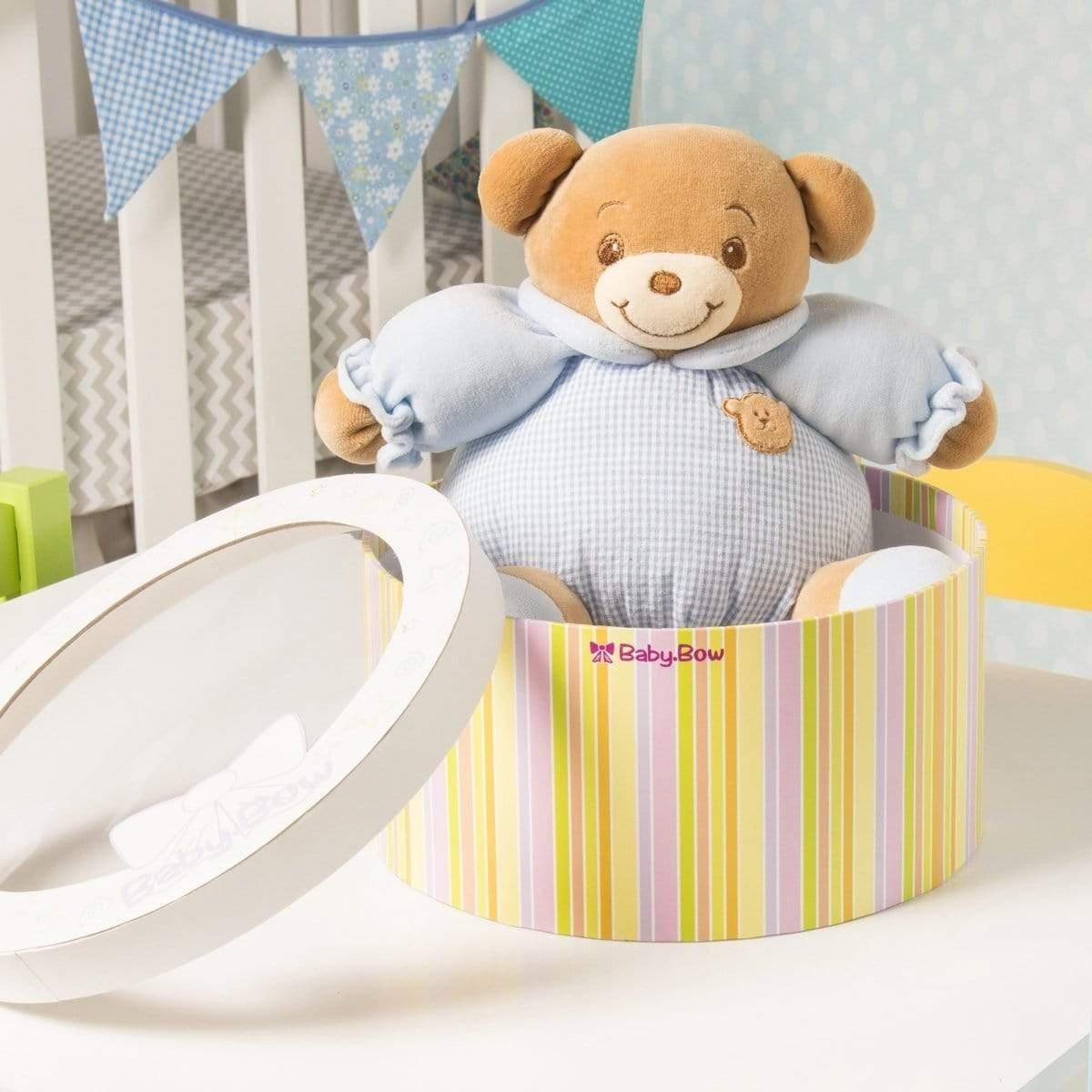 "Manny" the 8in Baby Bow Rattle Plush Teddy Bear in Blue by Russ Baby"