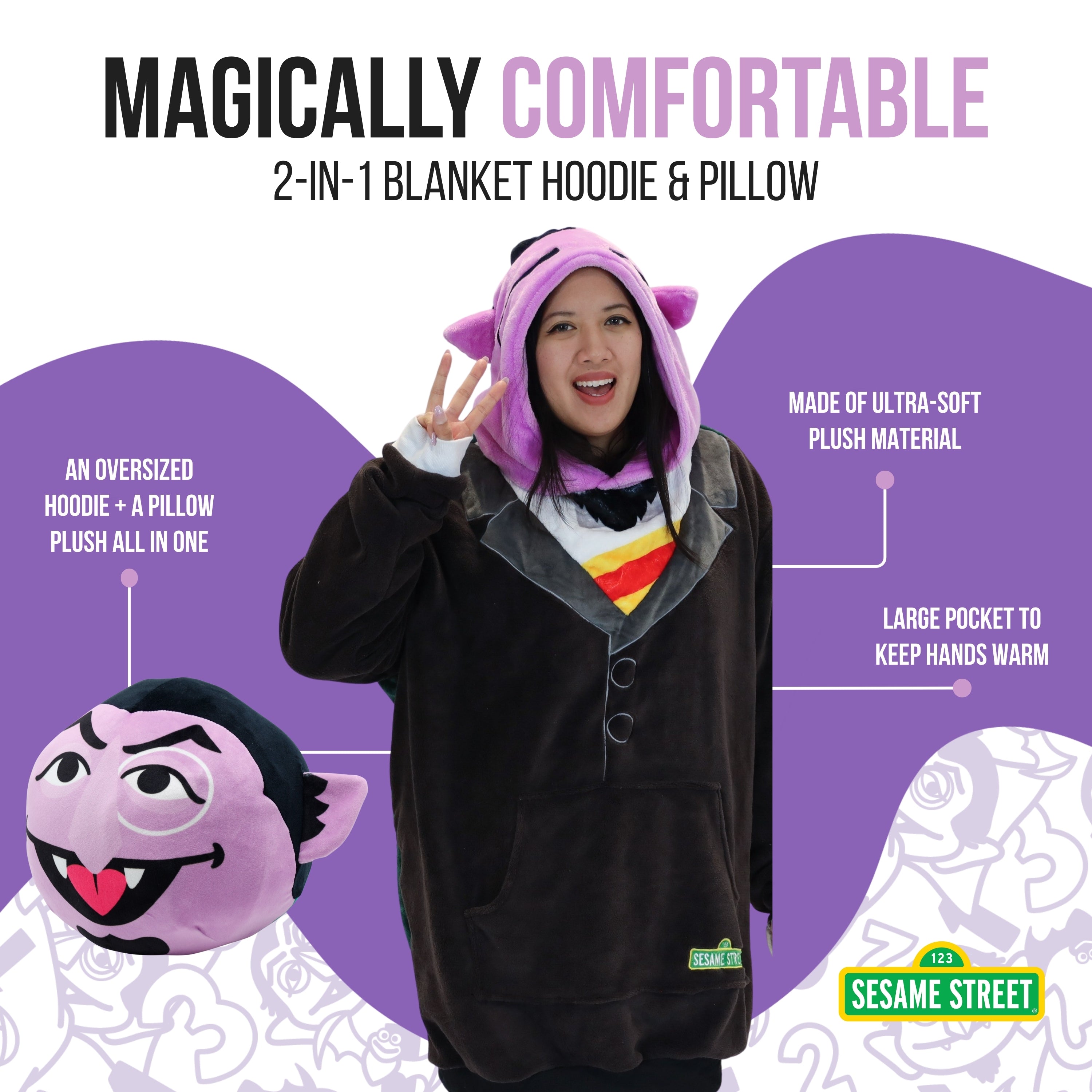 Sesame Street | Count Von Count Adult Snugible 2-in-1 Blanket Hoodie & Pillow