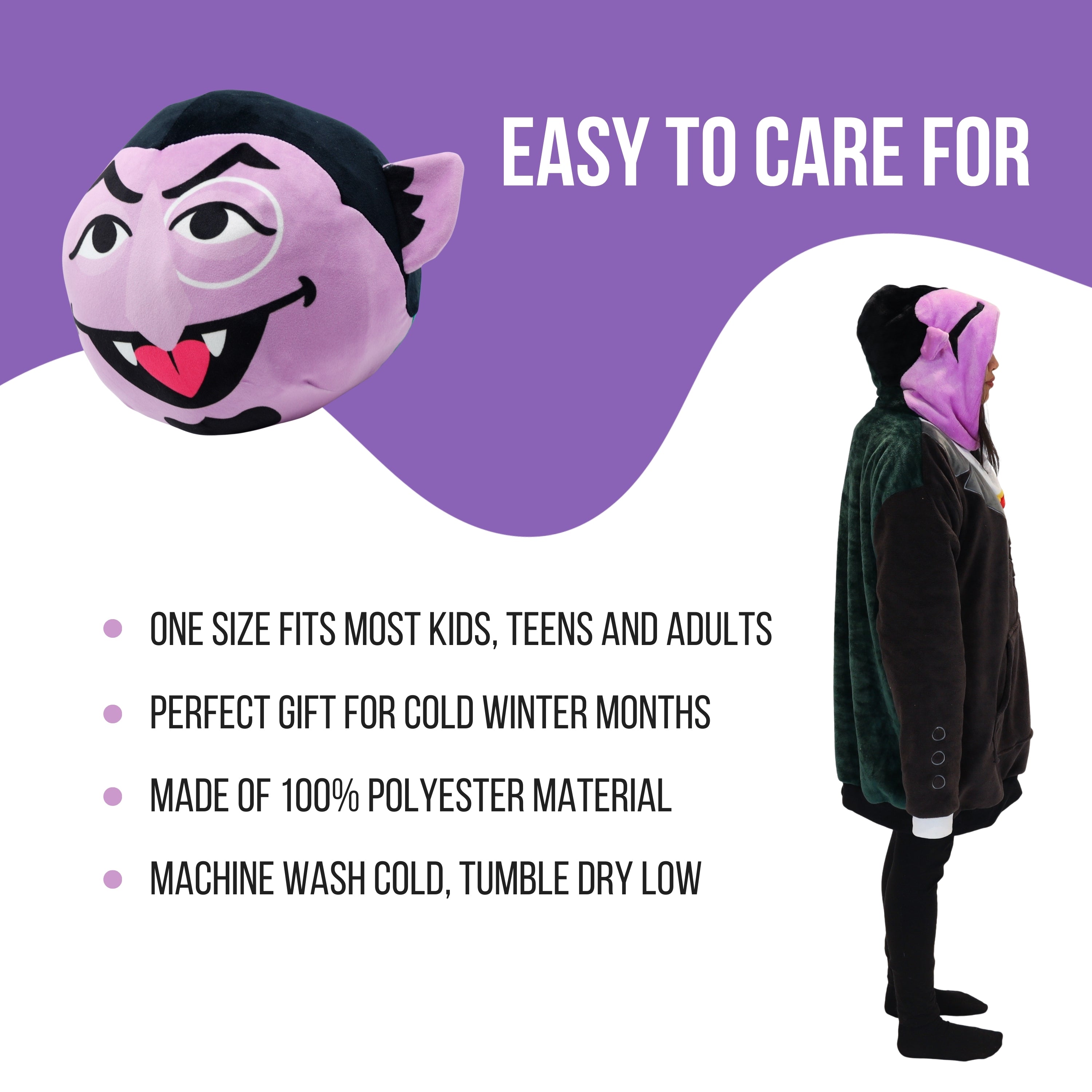 Sesame Street | Count Von Count Adult Snugible 2-in-1 Blanket Hoodie & Pillow