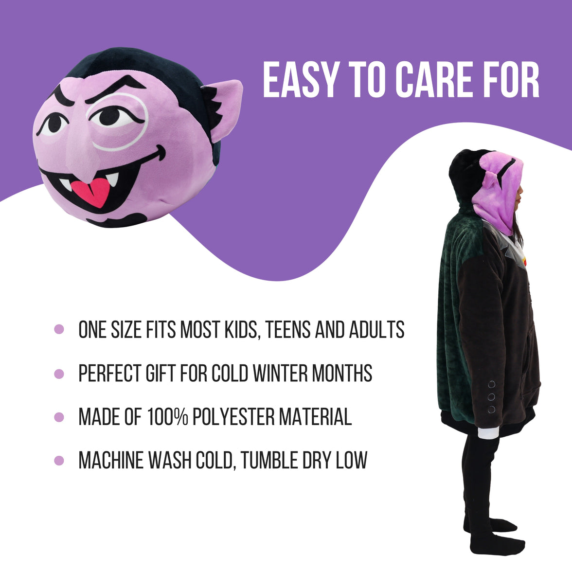 Sesame Street | Count Von Count Adult Snugible 2-in-1 Blanket Hoodie & Pillow