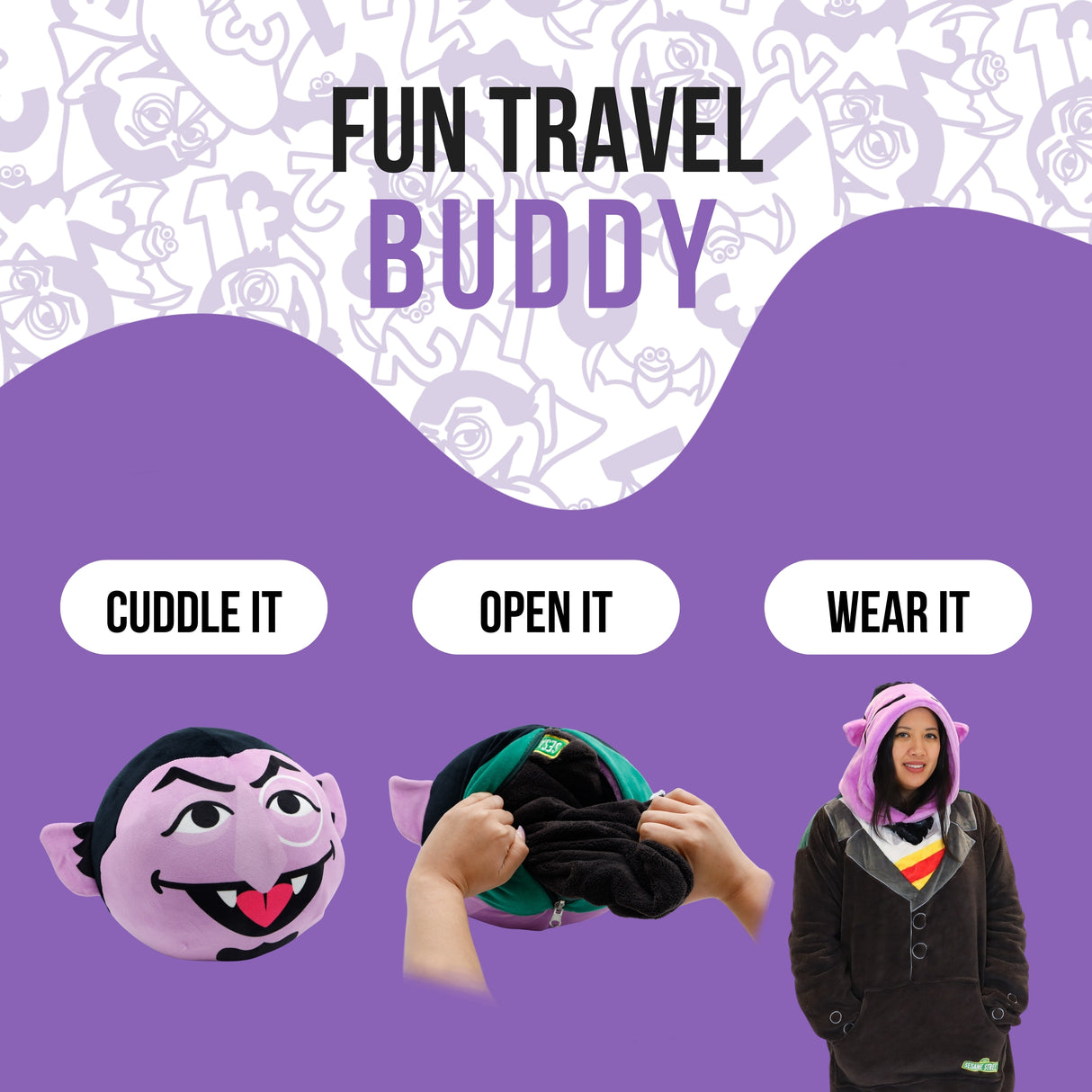 Sesame Street | Count Von Count Adult Snugible 2-in-1 Blanket Hoodie & Pillow