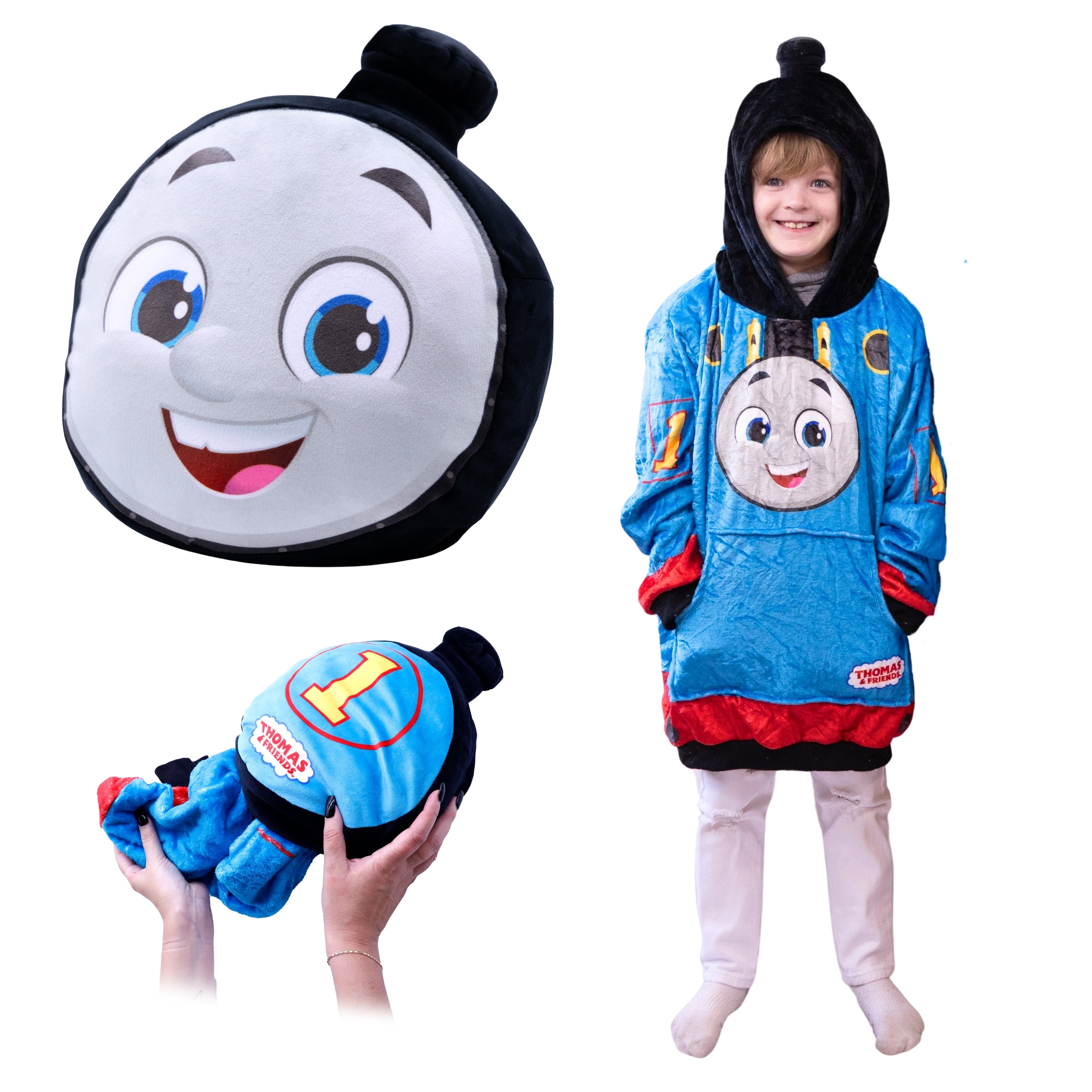 Child wearing a Thomas the Tank Engine Snugible: Blankie hoodie and plush with a close-up of the character's face in pillow form