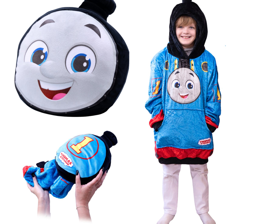 Child wearing a Thomas the Tank Engine Snugible: Blankie hoodie and plush with a close-up of the character's face in pillow form