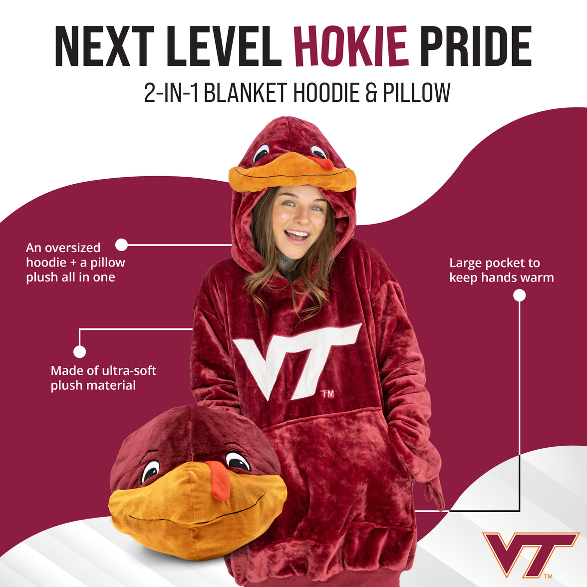 Virginia Tech University Hokie Snugible | Blanket Hoodie & Pillow