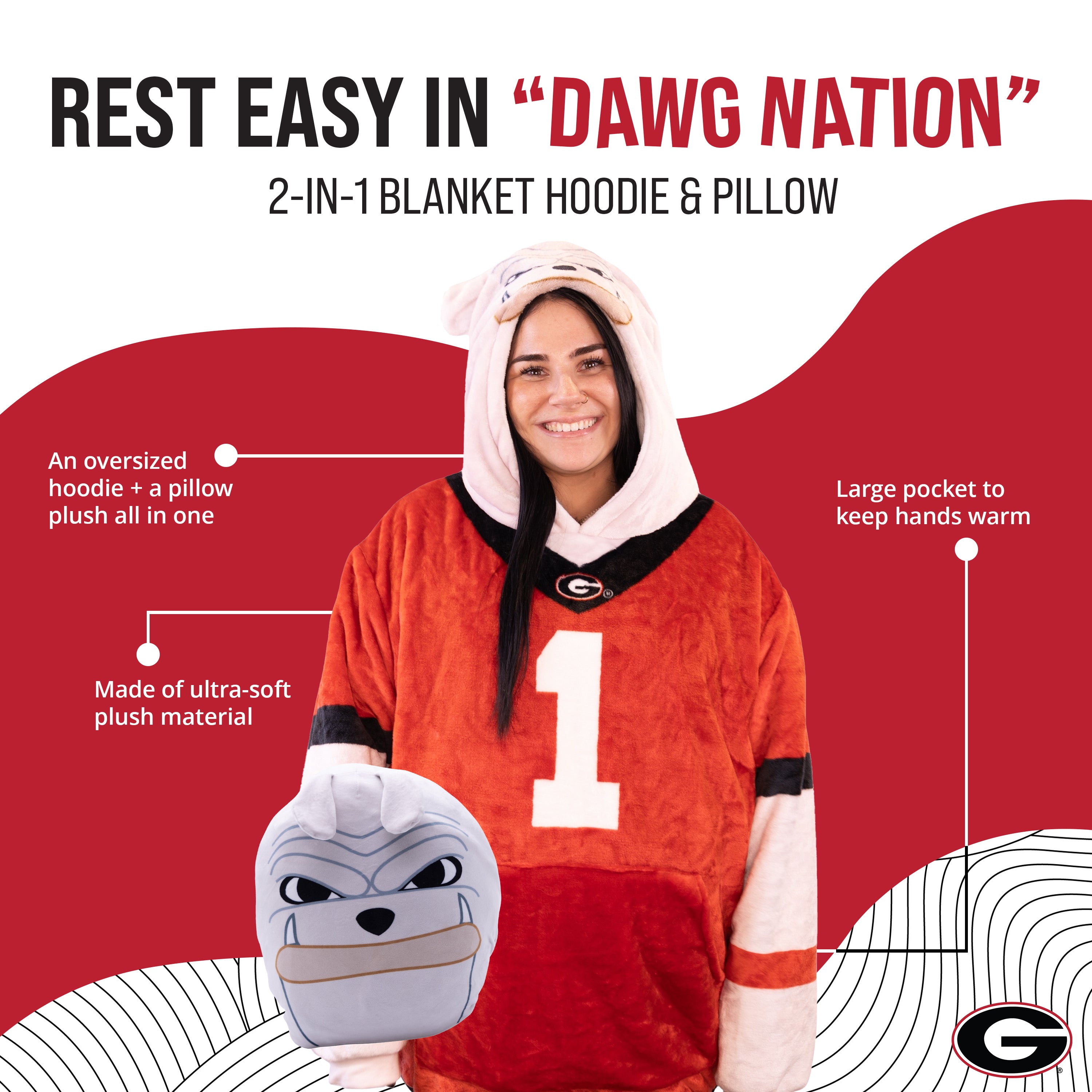 University of Georgia Bulldog Snugible 2-in-1 Blanket Hoodie & Pillow