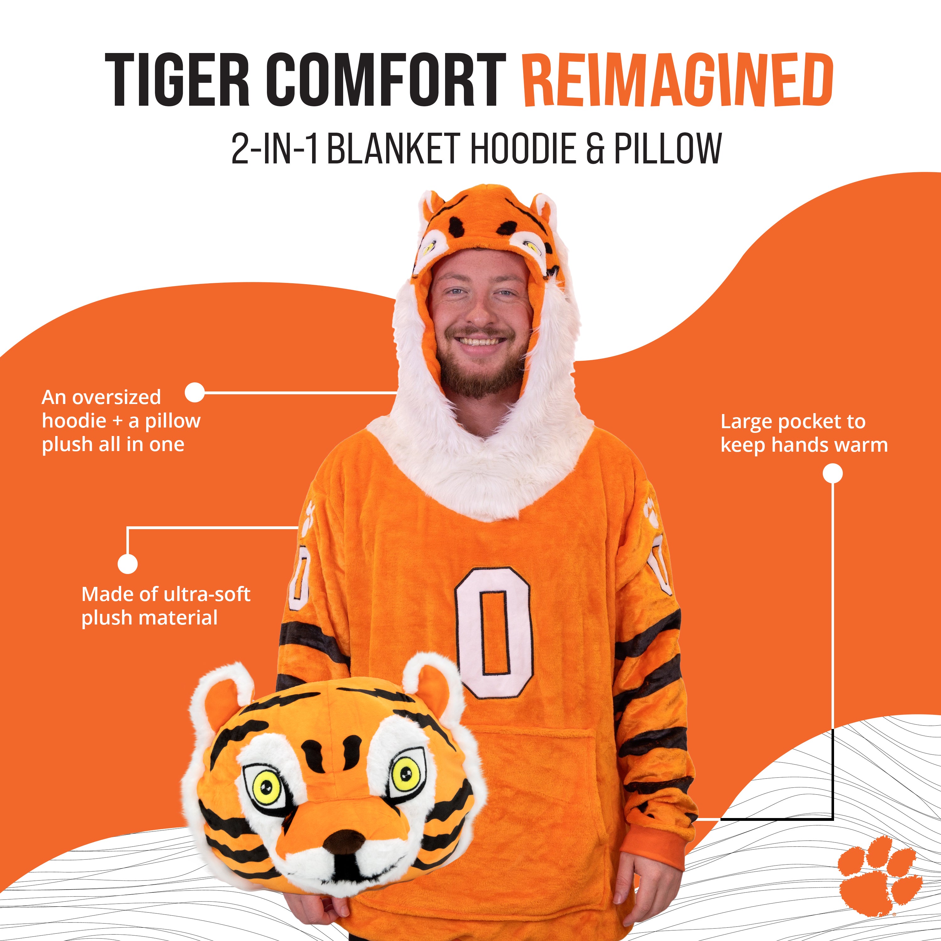 Clemson University Tiger Snugible 2-in-1 Blanket Hoodie & Pillow