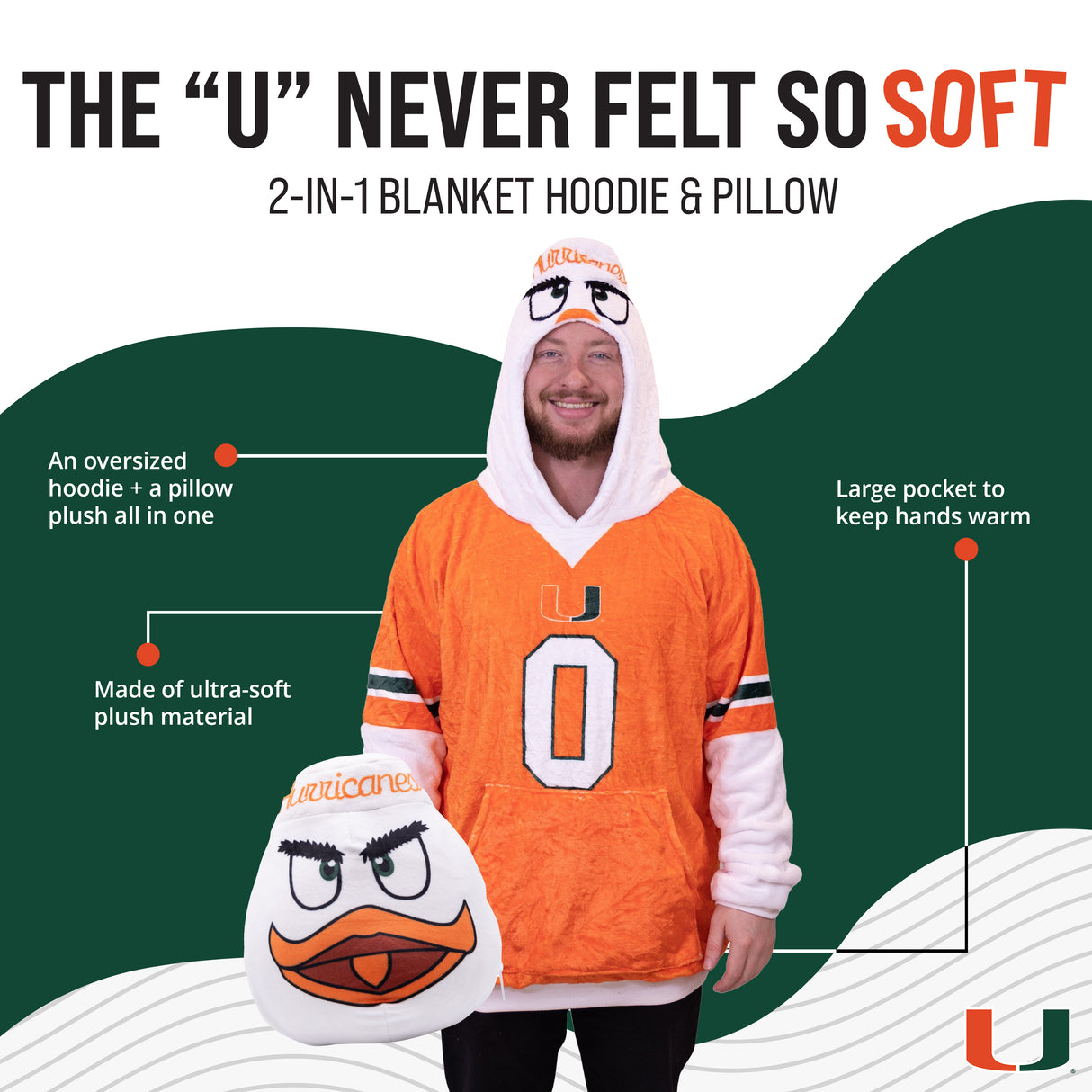 University of Miami Sebastian Snugible 2-in-1 Blanket Hoodie & Pillow