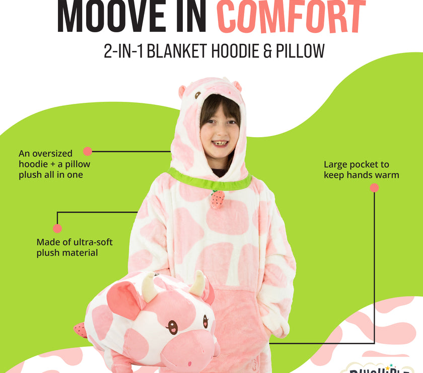 Strawberry Cow Kids Snugible 2-in-1 Blanket Hoodie & Pillow