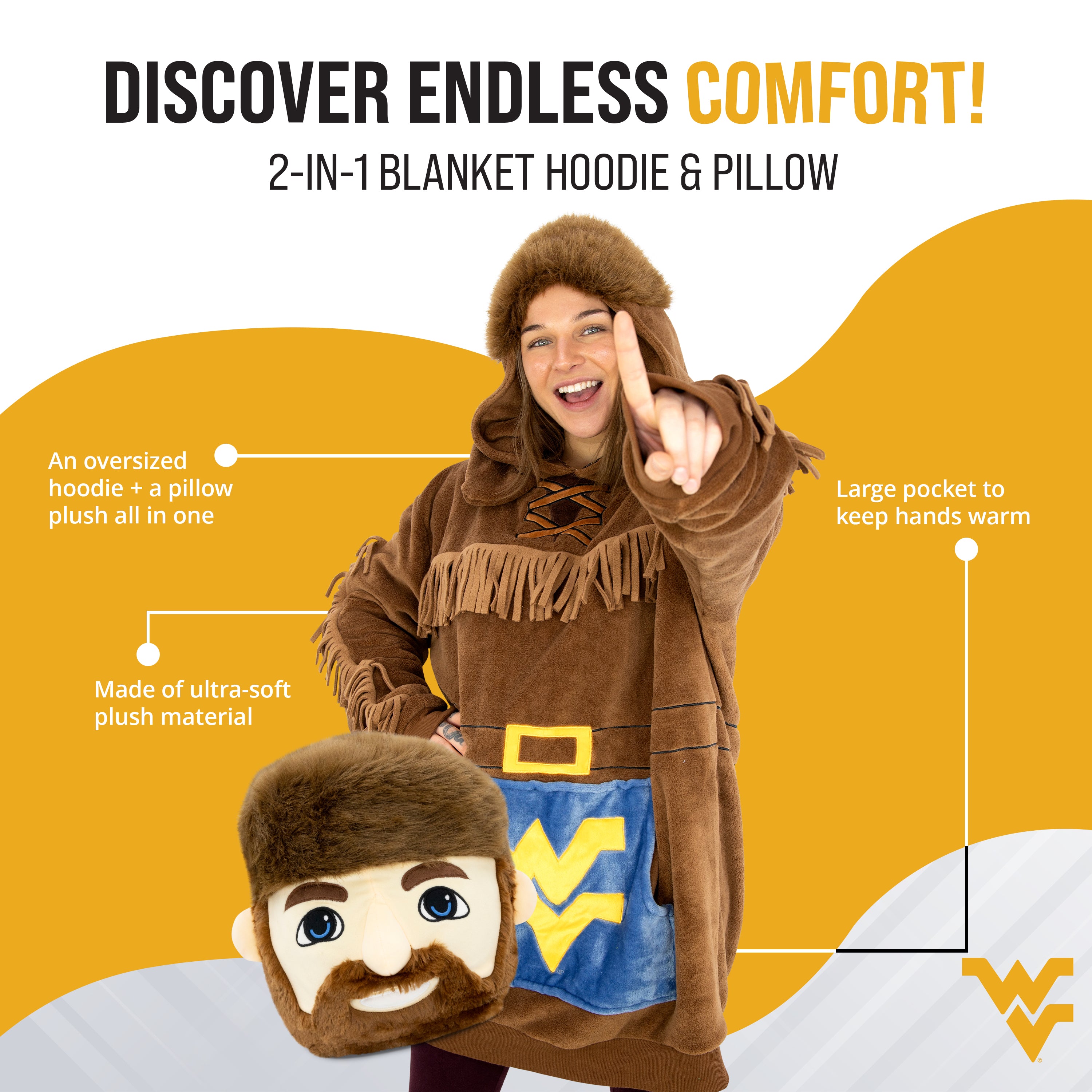 West Virginia University Mountaineer Snugible 2-in-1 Blanket Hoodie & Pillow