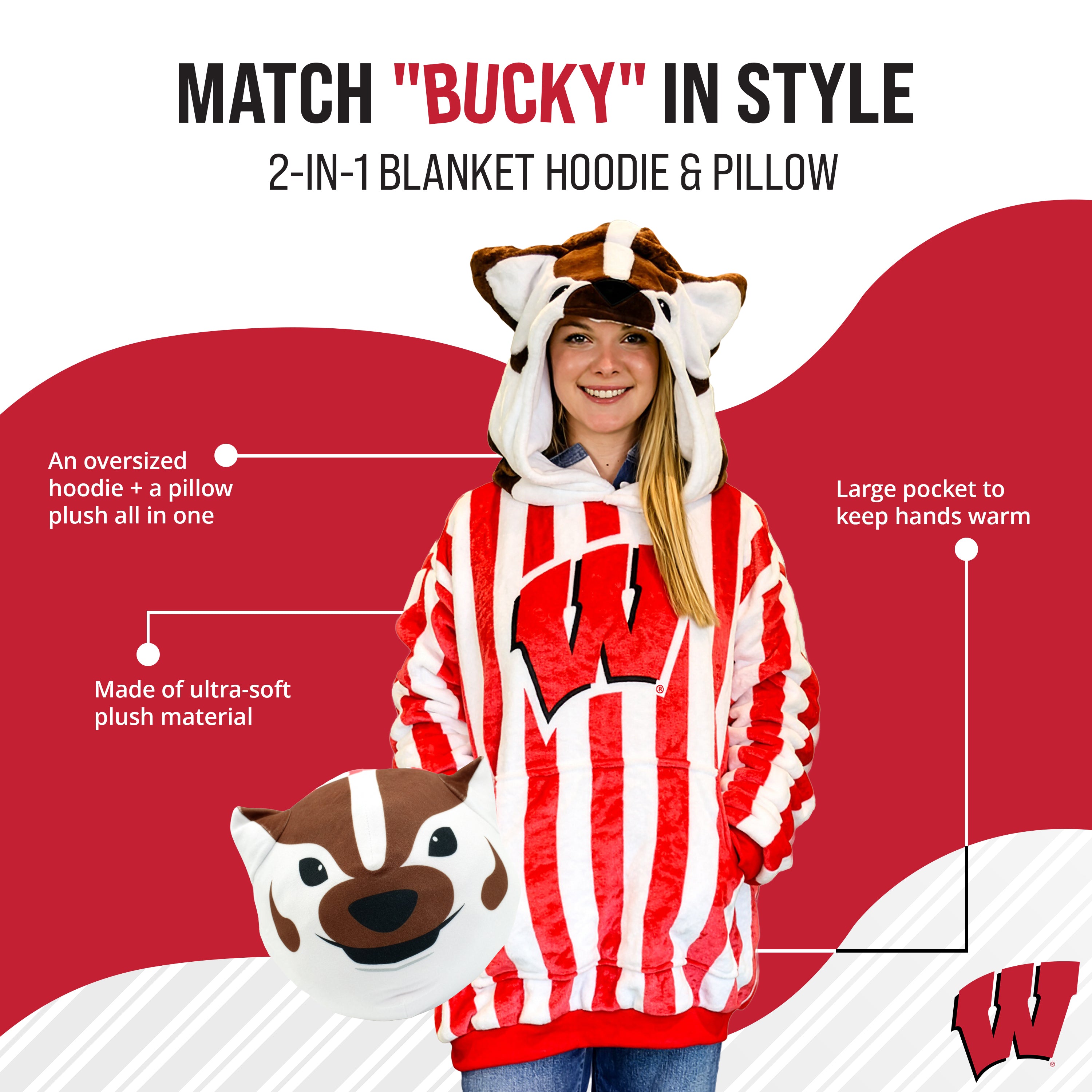 University of Wisconsin Bucky the Badger Snugible 2-in-1 Blanket Hoodie & Pillow