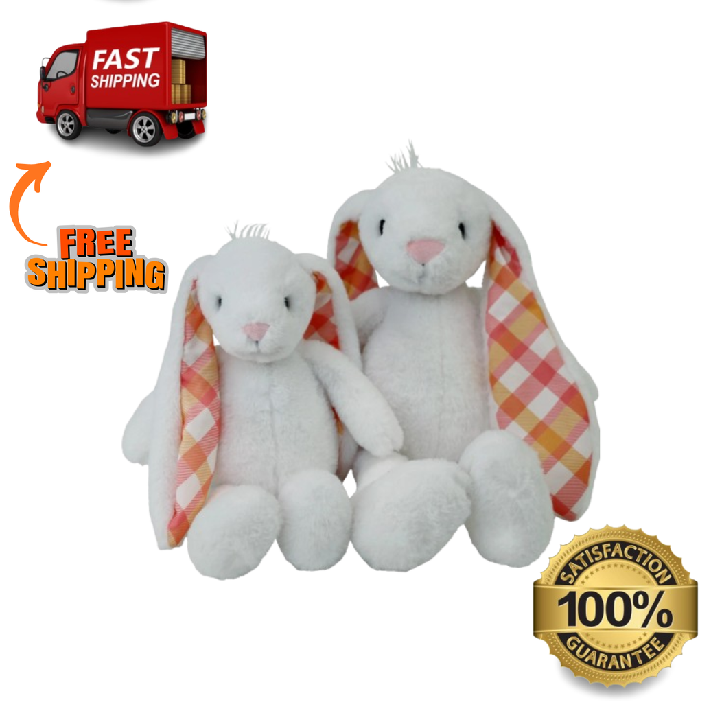 White & Plaid Eared Bunny Plush – Soft Stuffed Animal, Easter Gift 14-18"