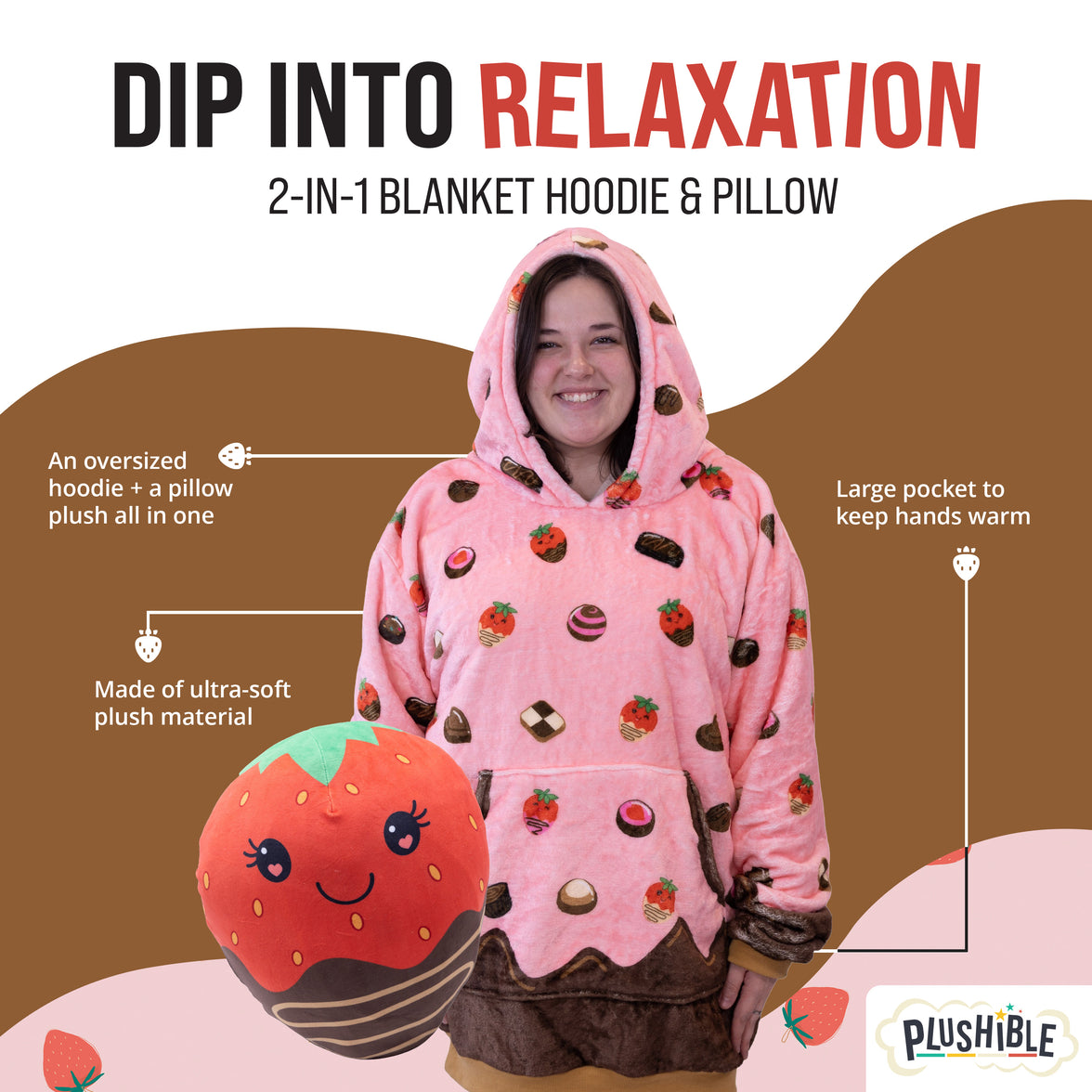 Chocolate Strawberry Snugible 2-in-1 Blanket Hoodie & Pillow