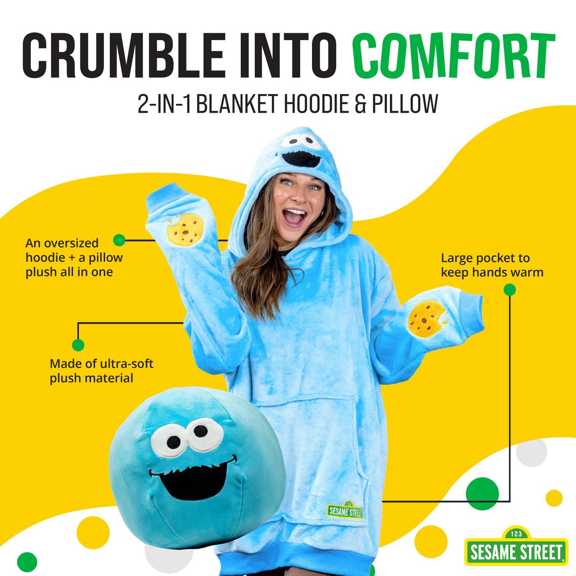 Sesame Street | Cookie Monster Adult Snugible 2-in-1 Blanket Hoodie & Pillow
