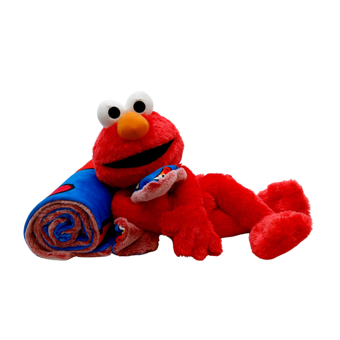 A plush toy of Elmo from Sesame Street holding a rolled-up blanket, designed for cuddling and play.
