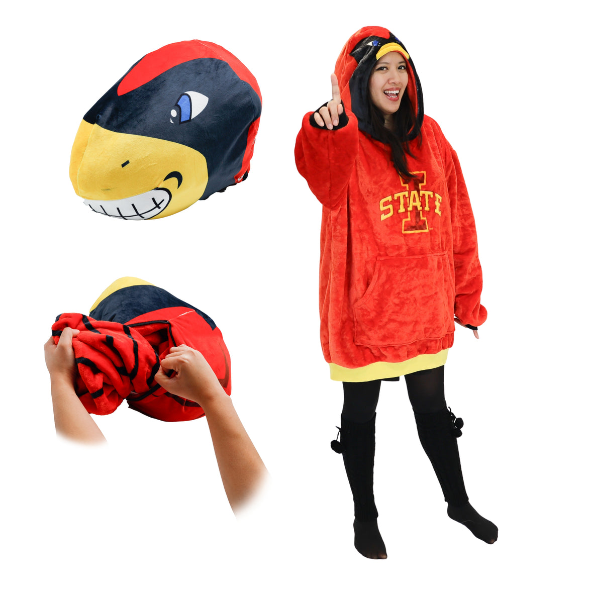 A person wearing an oversized hooded blanket with a design resembling Cy the Cardinal, the mascot of Iowa State University.