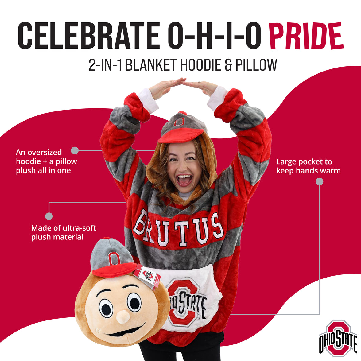 Ohio State University Brutus the Buckeye Snugible 2-in-1 Blanket Hoodie & Pillow