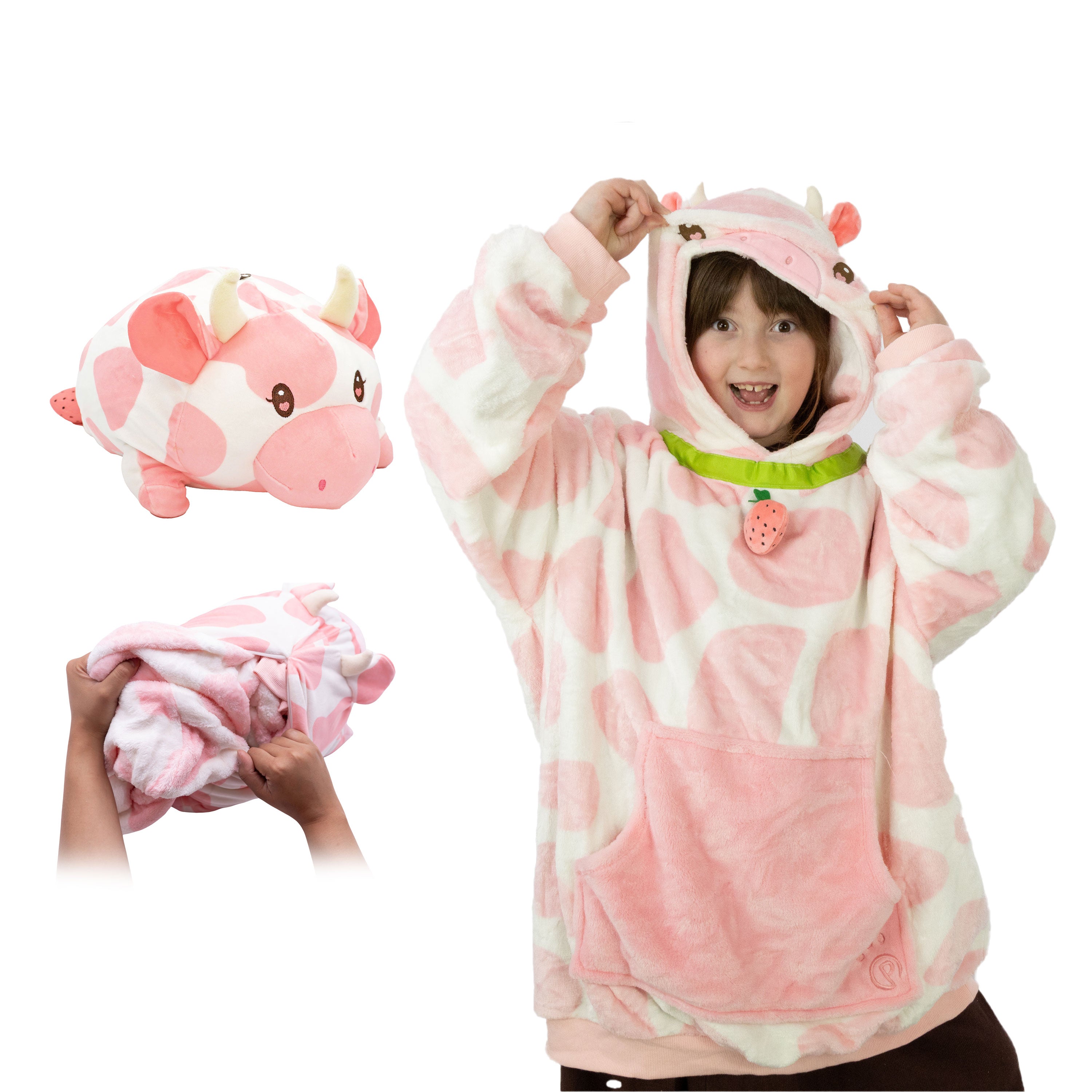 Strawberry Cow Kids Snugible 2-in-1 Blanket Hoodie & Pillow