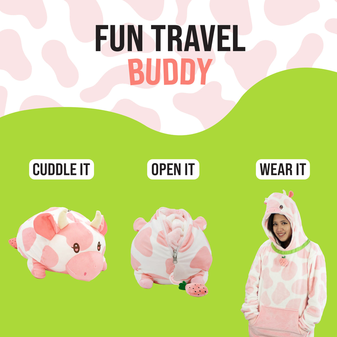 Strawberry Cow Adult Snugible 2-in-1 Blanket Hoodie & Pillow