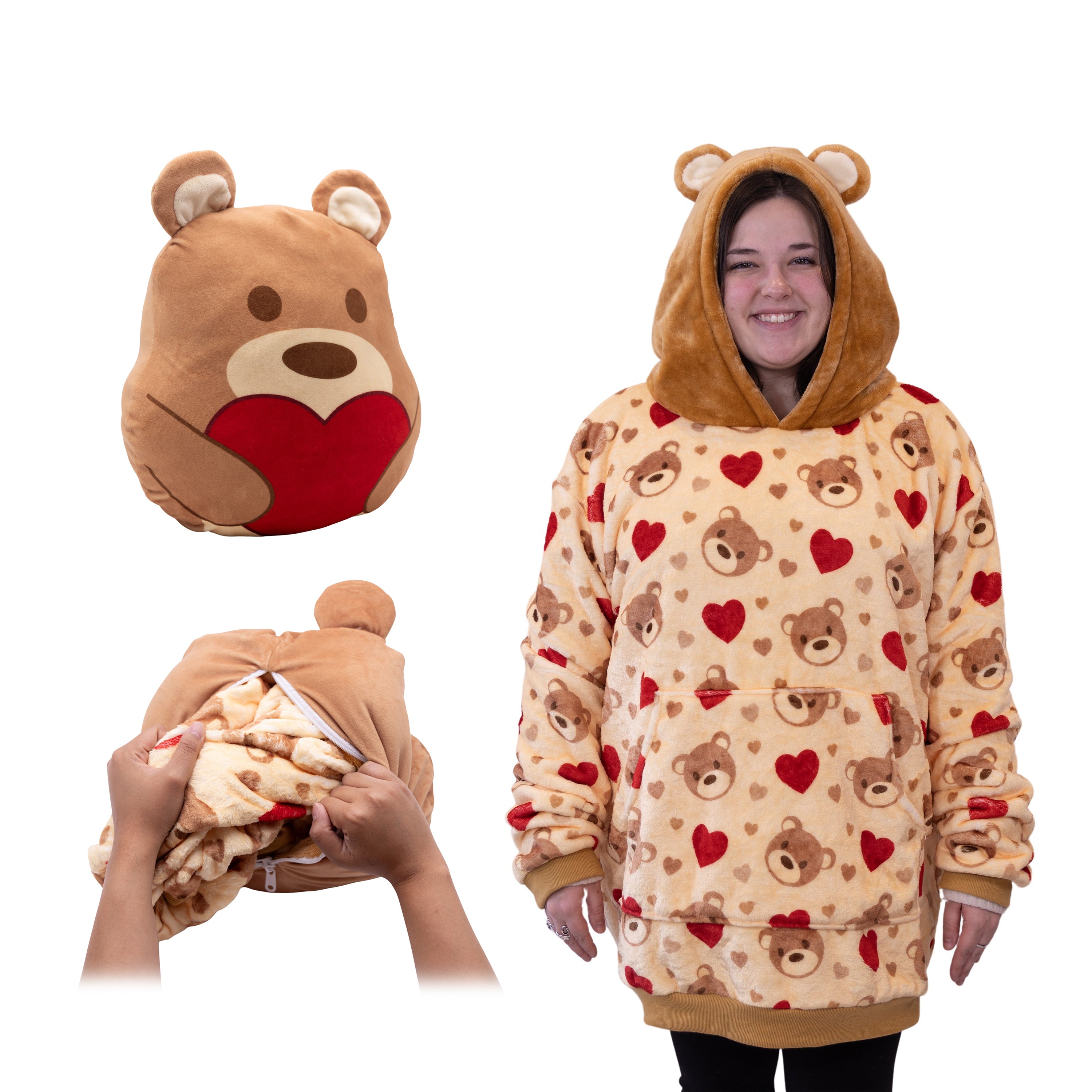 Teddy Hearts Snugible 2-in-1 Blanket Hoodie & Pillow