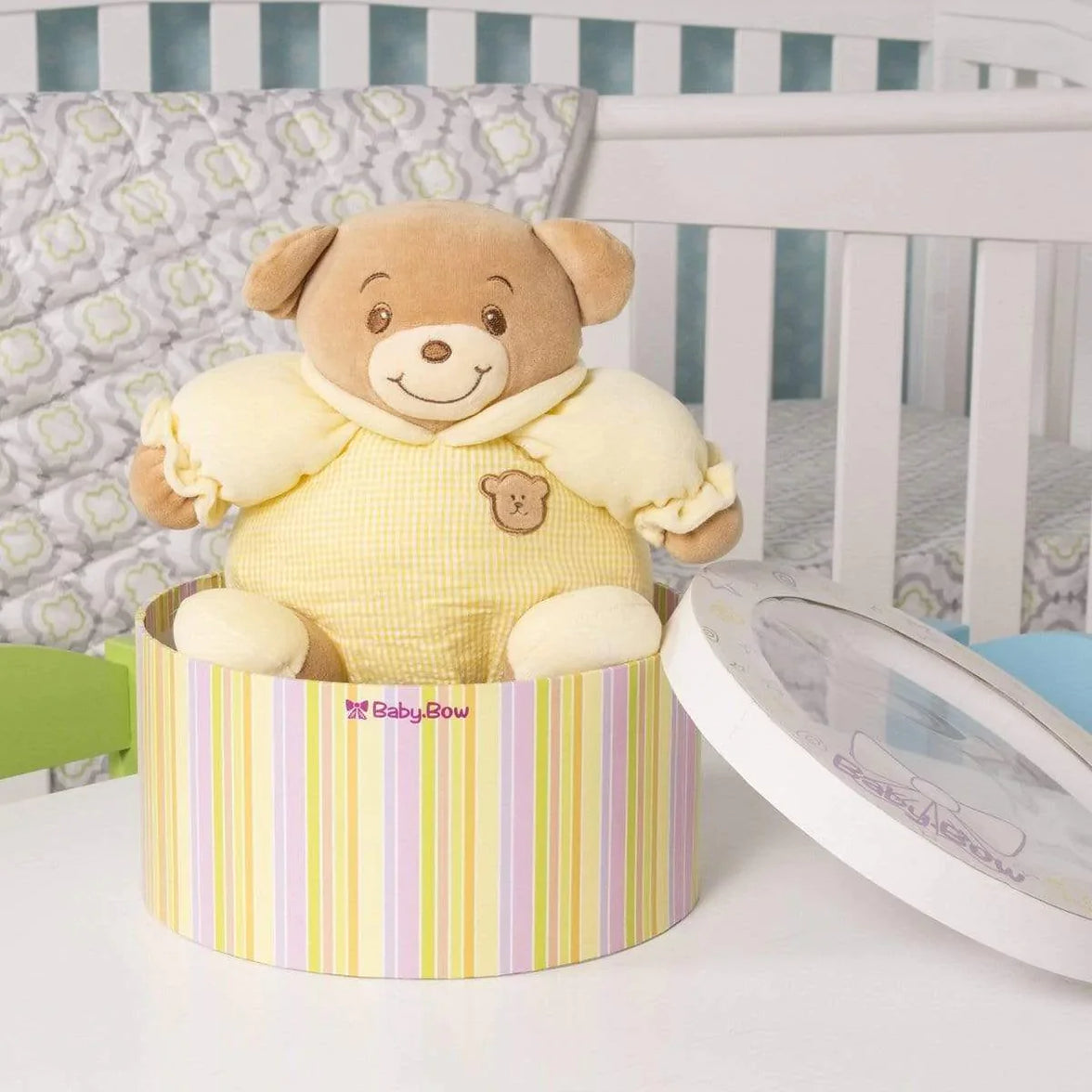 "Fanny" the 8in Baby Bow Rattle Plush Teddy Bear in Yellow by Russ Berrie"