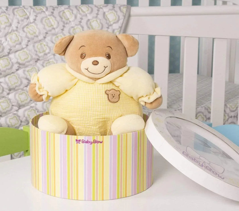 "Fanny" the 8in Baby Bow Rattle Plush Teddy Bear in Yellow by Russ Berrie"