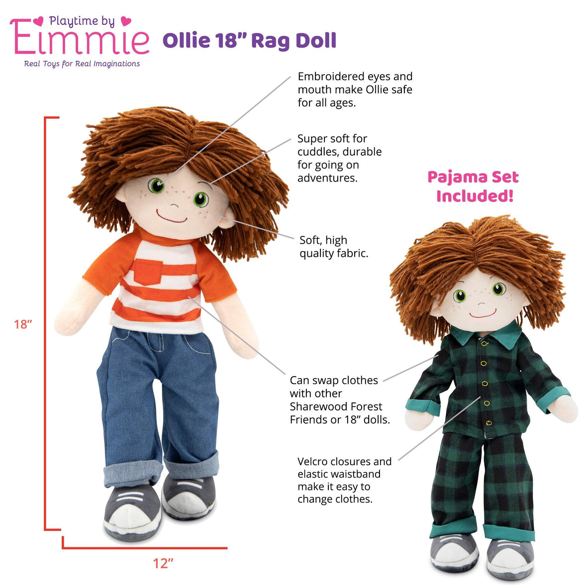 Playtime by Eimmie 18 Inch Rag Doll Ollie - OrangeOnions Wholesale