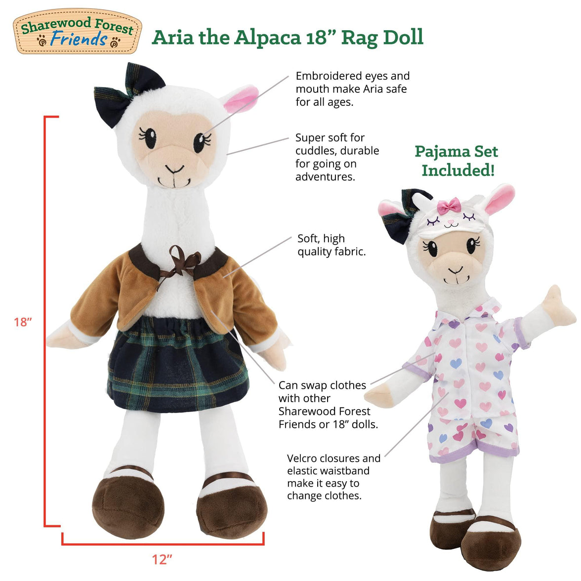 Sharewood Forest Friends 18 Inch Rag Doll Aria the Alpaca - OrangeOnions Wholesale