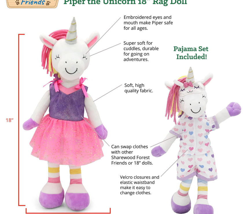 Sharewood Forest Friends 18 Inch Rag Doll Piper the Unicorn - OrangeOnions Wholesale