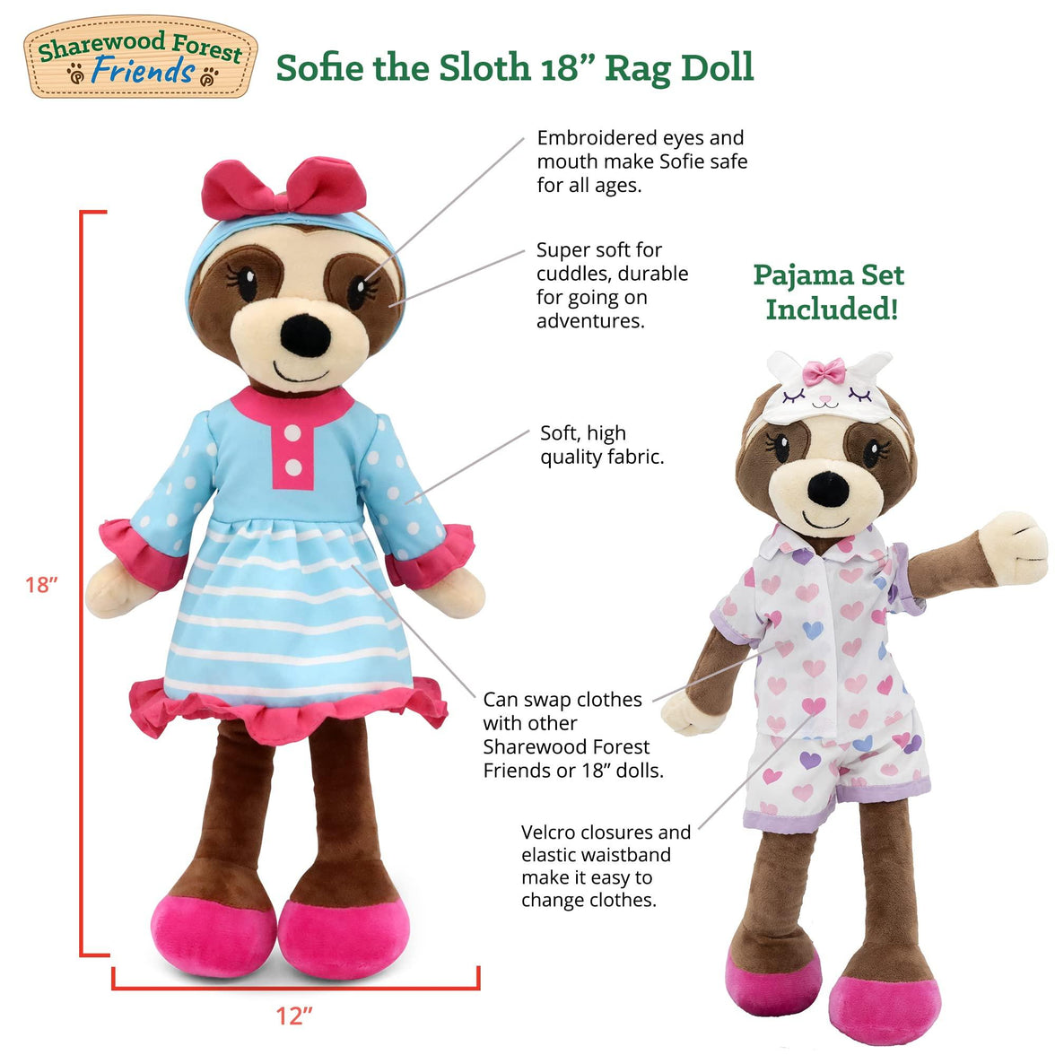 Sharewood Forest Friends 18 Inch Rag Doll Sofie the Sloth - OrangeOnions Wholesale
